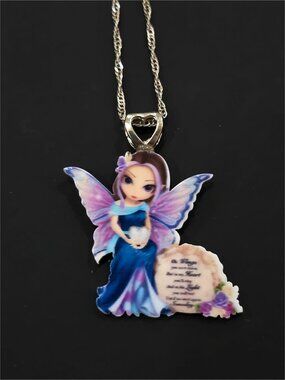 Hand Crafted ✦ Fairy Girl Acrylic Pendant Necklace ✦ Blue Wings Heart W/ Chain